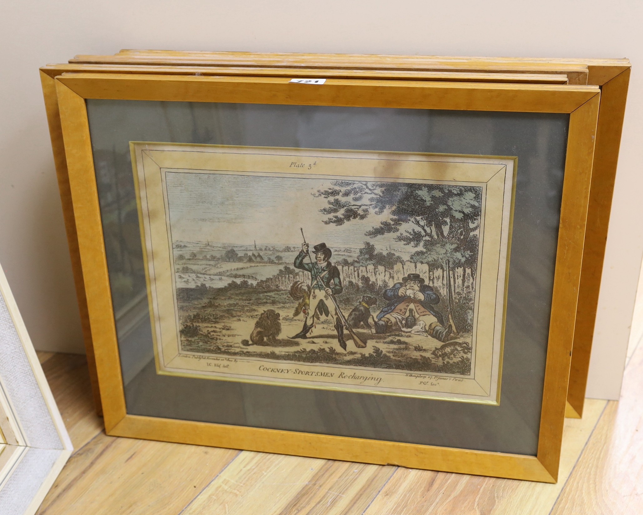 After James Gilray, set of four reprinted hand coloured engravings, Cockney sportsmen, overall 25 x 36cm